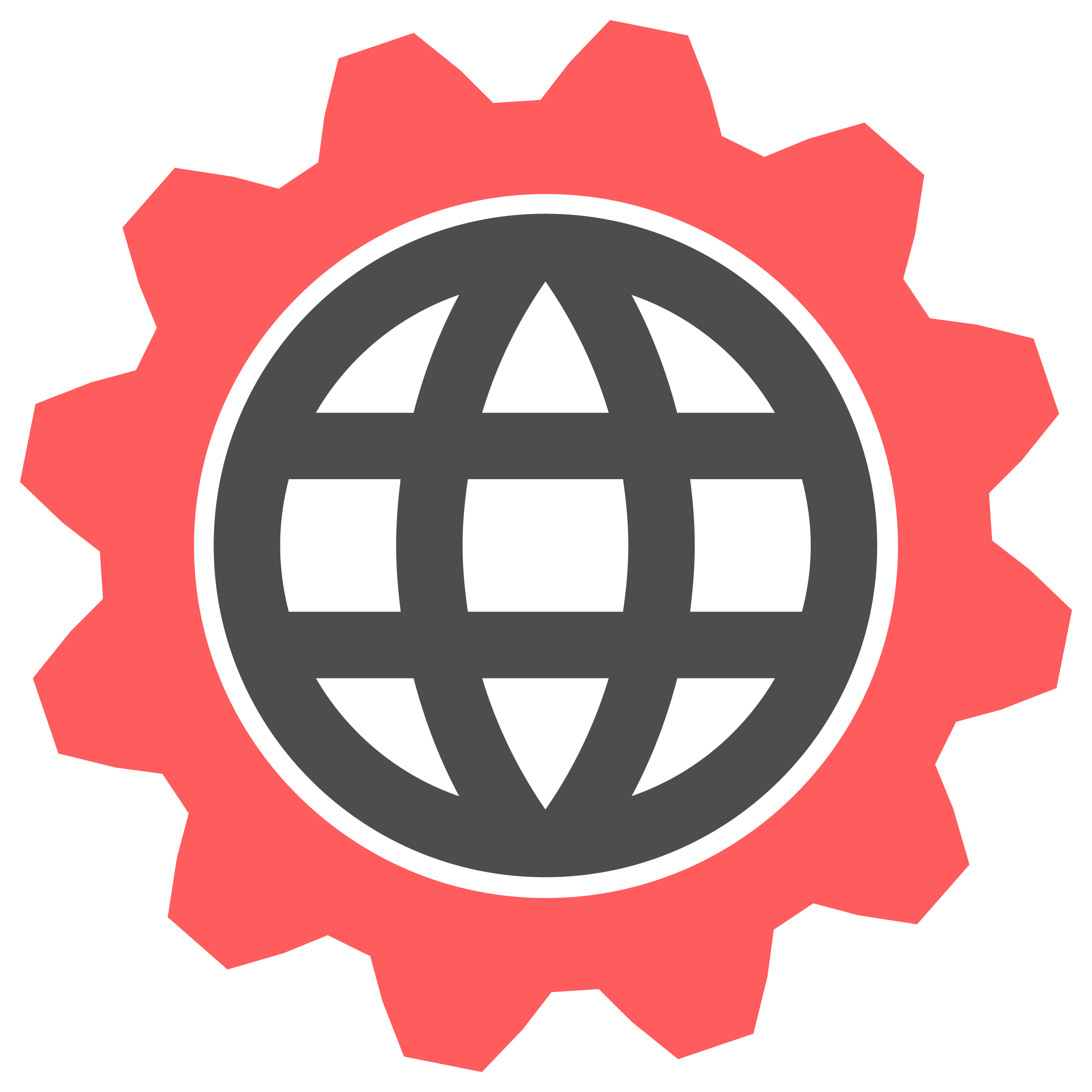 A round logo. The outside is a gear, the inside is a line-art globe thing.